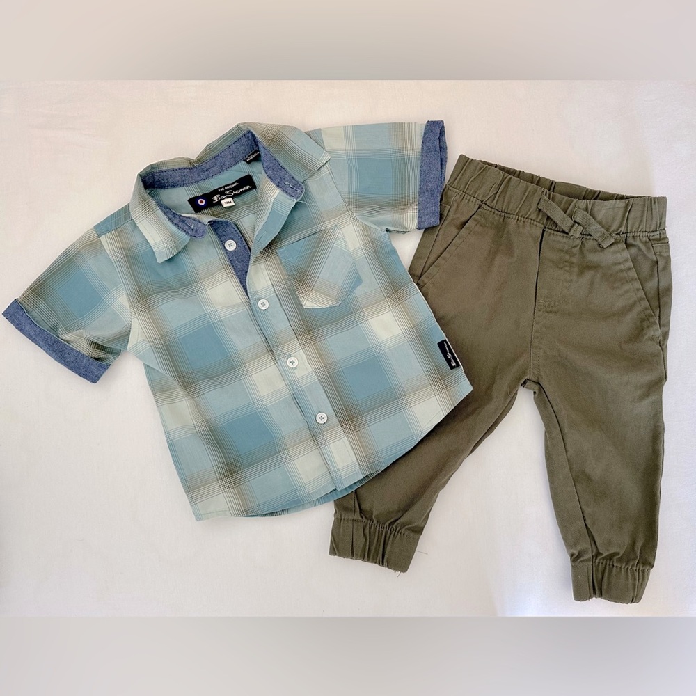 Ben Sherman Baby Boy Pants & Plaid Button Up Shirt Set 12 months